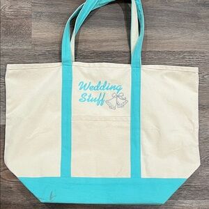 Large Canvas Tote Bag with Turquoise Trim - Wedding Stuff